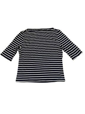 Express Navy and White Striped Boatneck Elbow Short Sleeve Top